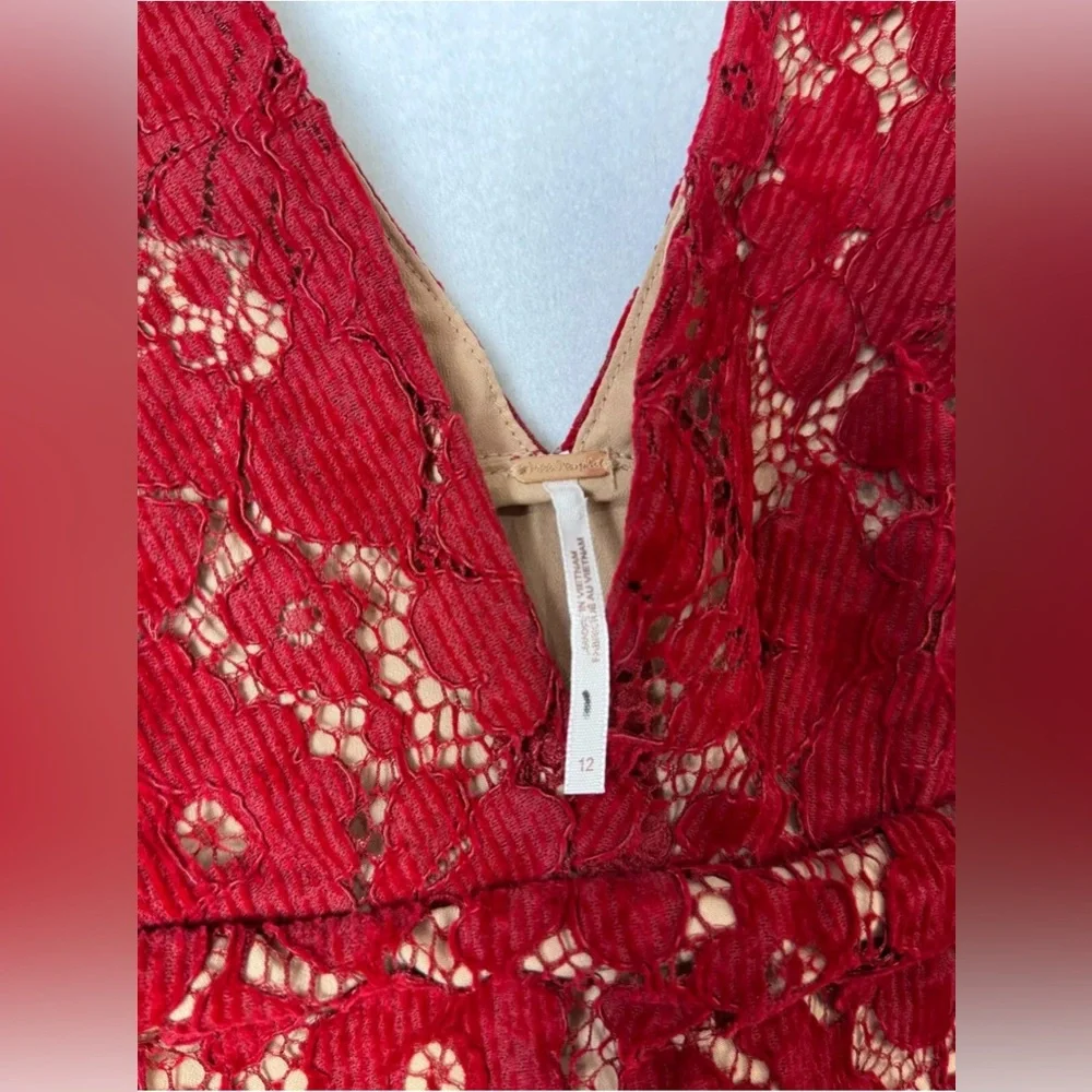 Free People Size‎ 12 Red Love Laced Corduroy V-Neck Mini Dress
